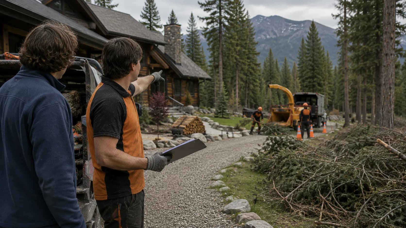 Crew in high-visibility gear working among felled timber